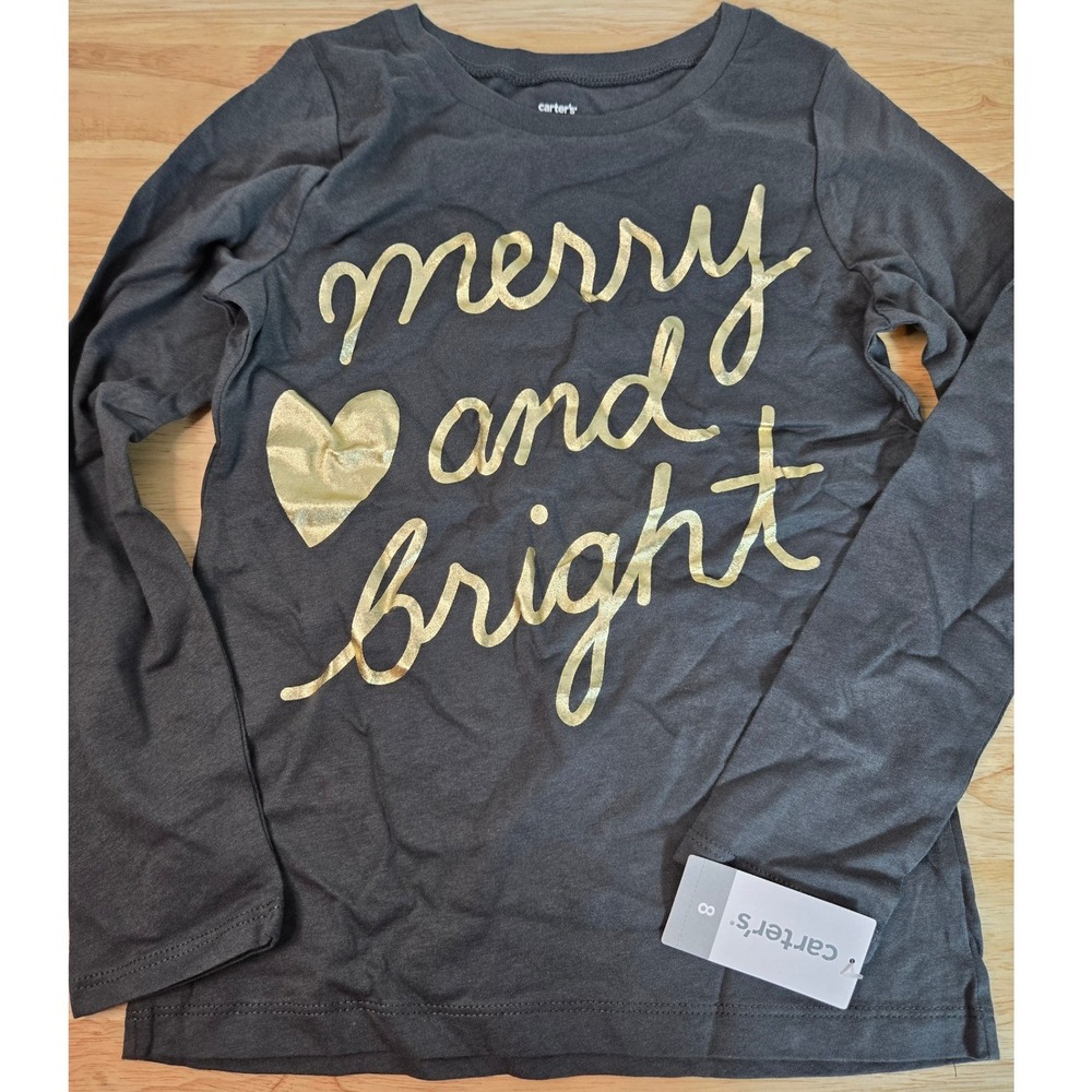 Carters Girls Size 8 Merry and Bright Gold Graphic Long Sleeve Tee Black